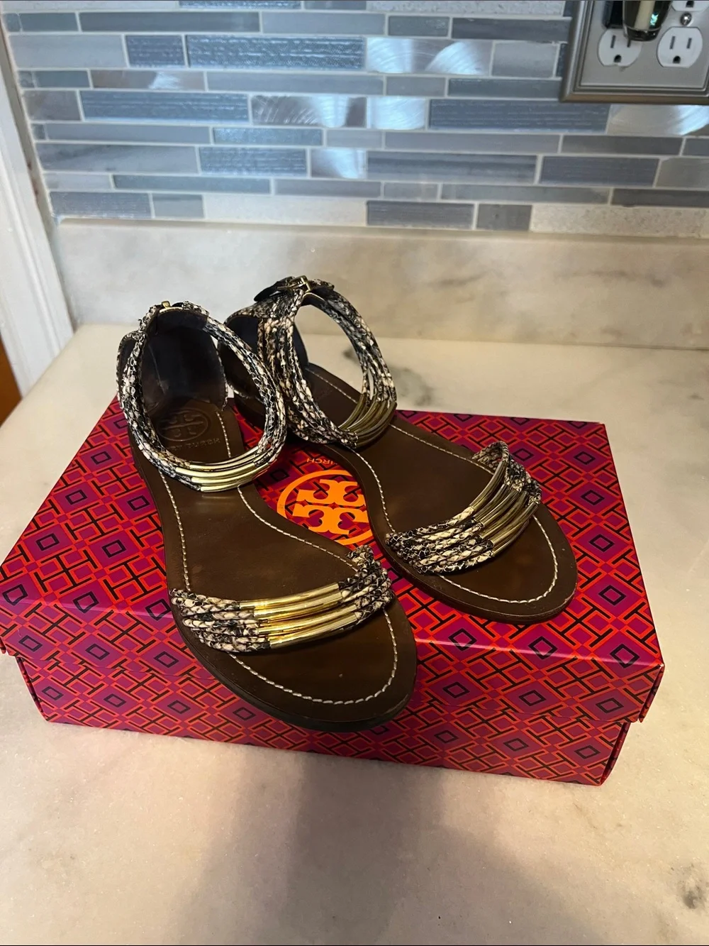 Tory Burch Women's Snakeskin Ankle-Wrap Sandals with Gold Accents